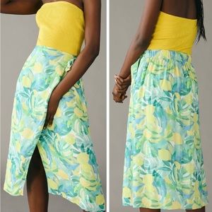 Anthropologie Yellow & Mint Green Lemon-Print Midi Skirt